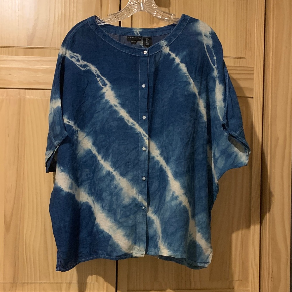 Tahari Indigo Tie Dye Button-Down Oversized Linen Shirt